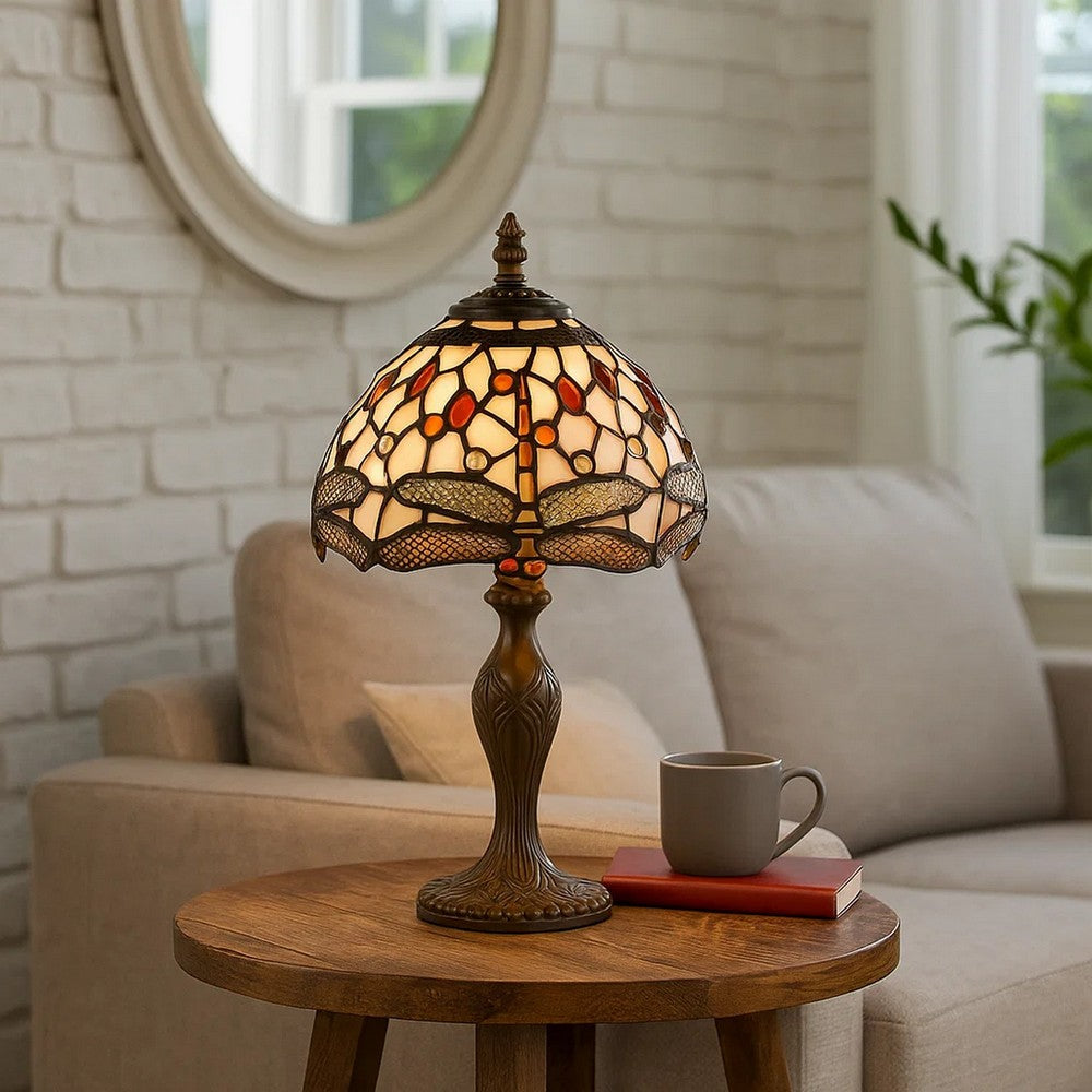 Metal Body Tiffany Table Lamp with Dragonfly Design Shade, Multicolor