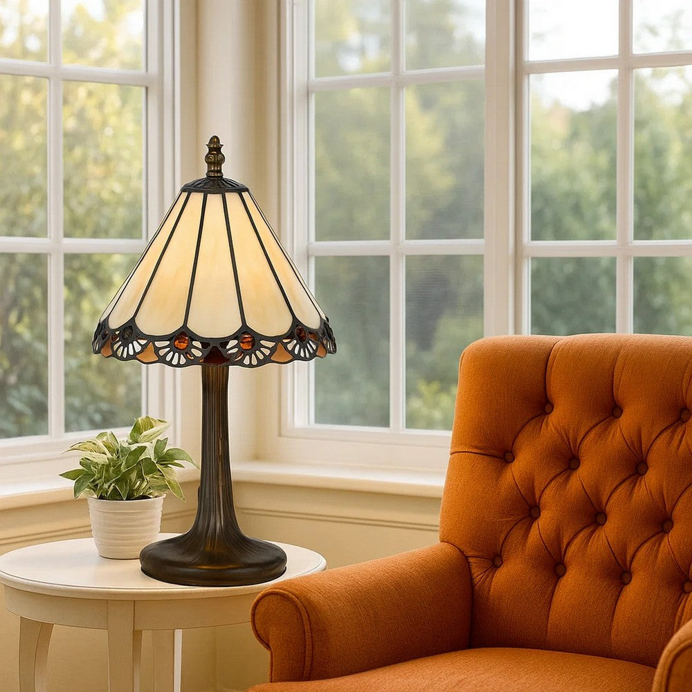 Tiffany Table Lamp | Tree Body | Conical Shade | Bronze & Beige