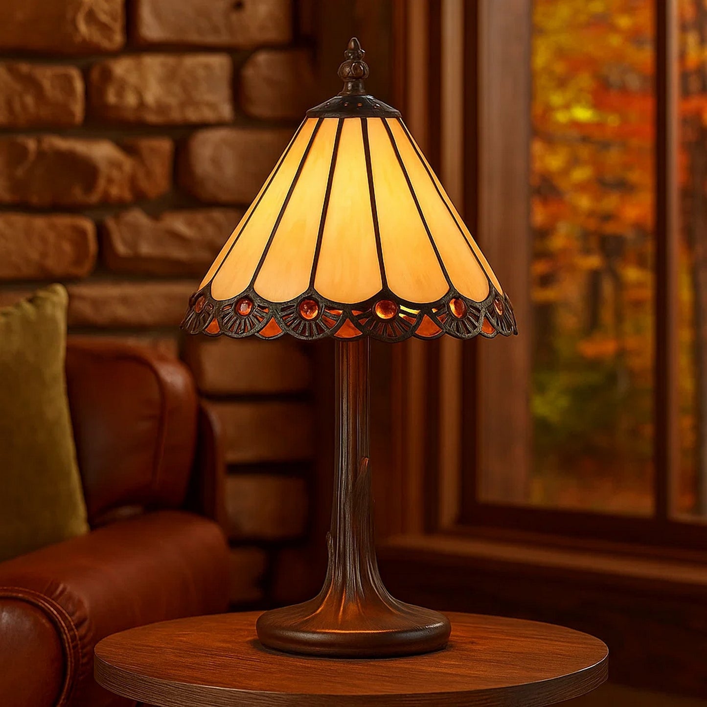 Tiffany Table Lamp | Tree Body | Conical Shade | Bronze & Beige