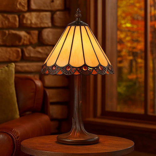 Tiffany Table Lamp | Tree Body | Conical Shade | Bronze & Beige