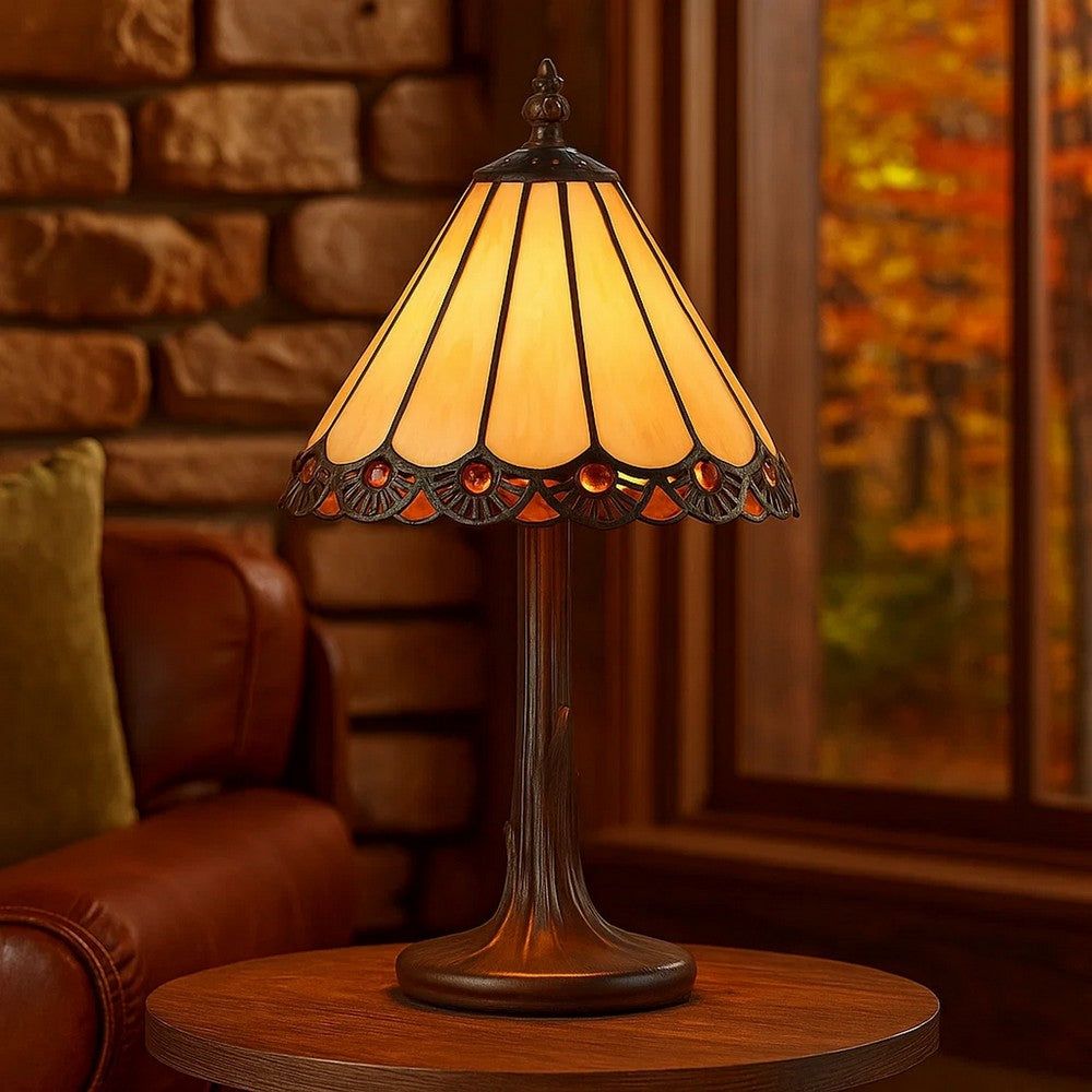 Tiffany Table Lamp | Tree Body | Conical Shade | Bronze & Beige