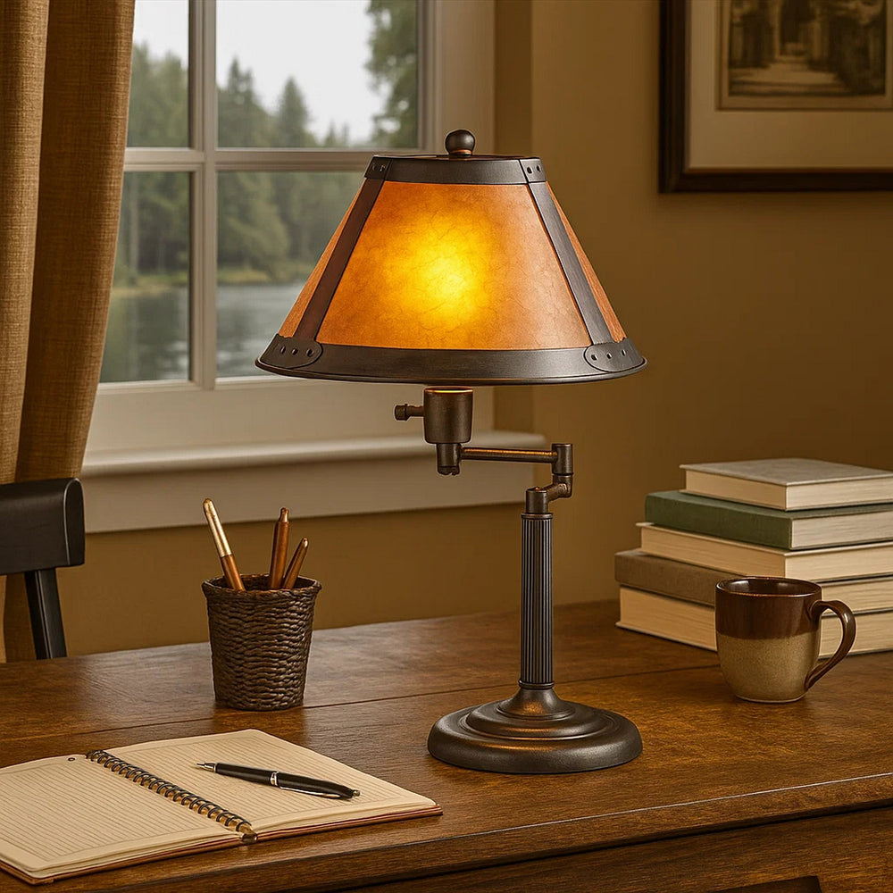 Swing Arm Table Lamp | Metal Body | Mica Shade | Bronze