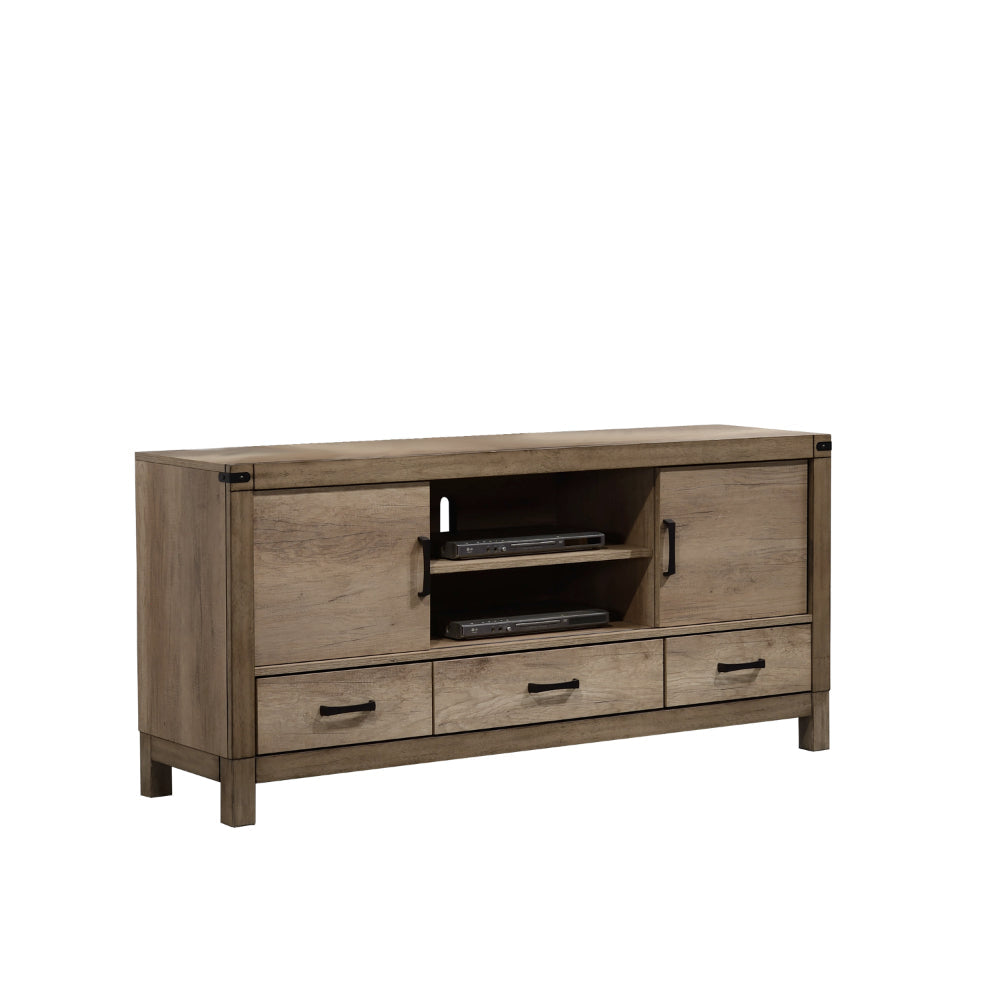 3 Drawer Wooden TV Stand with 2 Cabinets and Open Compartment, Light Brown By Casagear Home