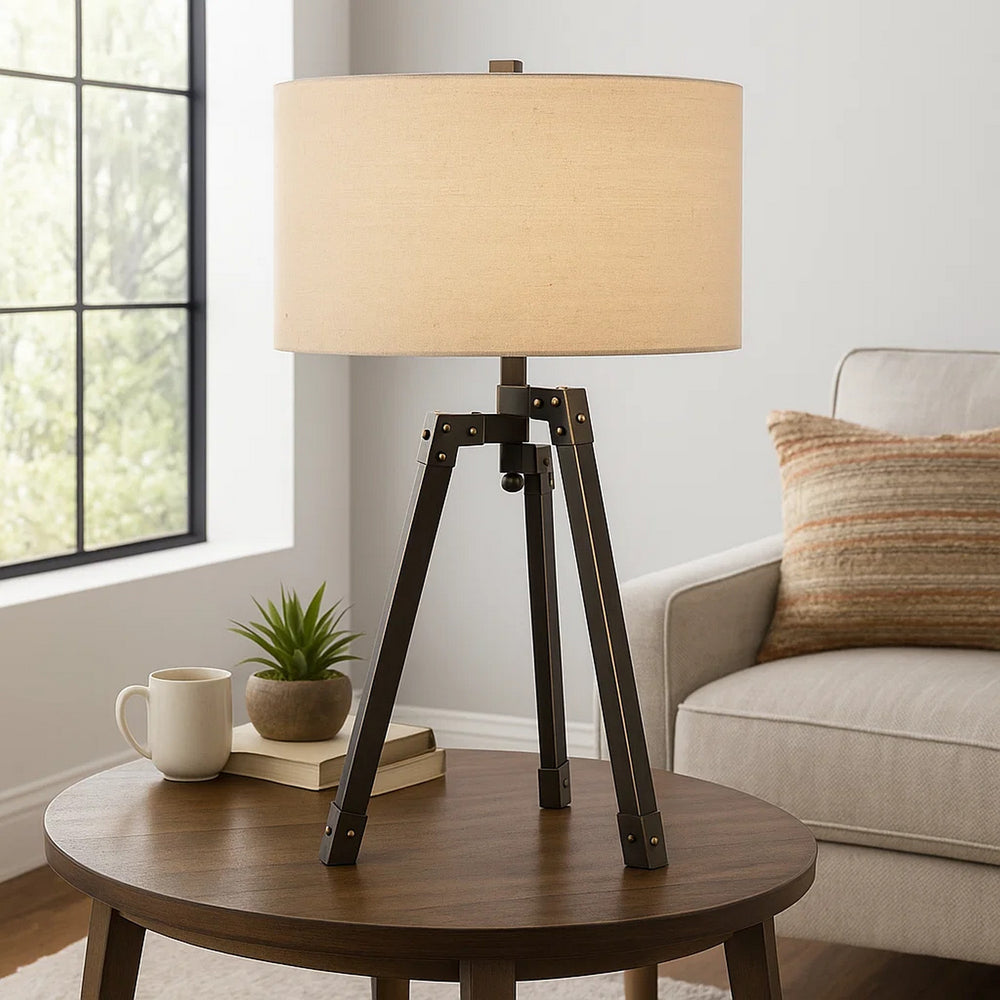 Table Lamp | Tripod Base | Fabric Drum Shade | Bronze & Beige