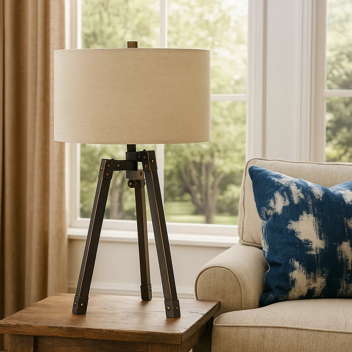 Table Lamp | Tripod Base | Fabric Drum Shade | Bronze & Beige