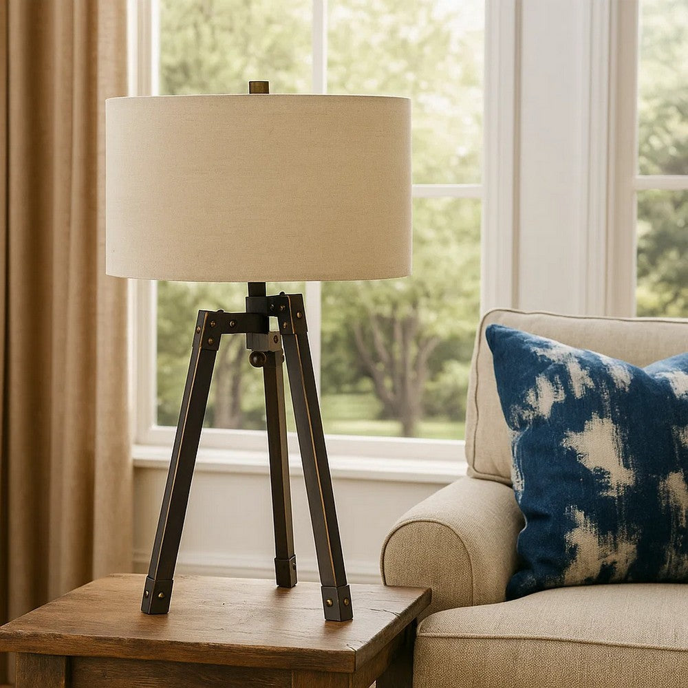 Table Lamp | Tripod Base | Fabric Drum Shade | Bronze & Beige