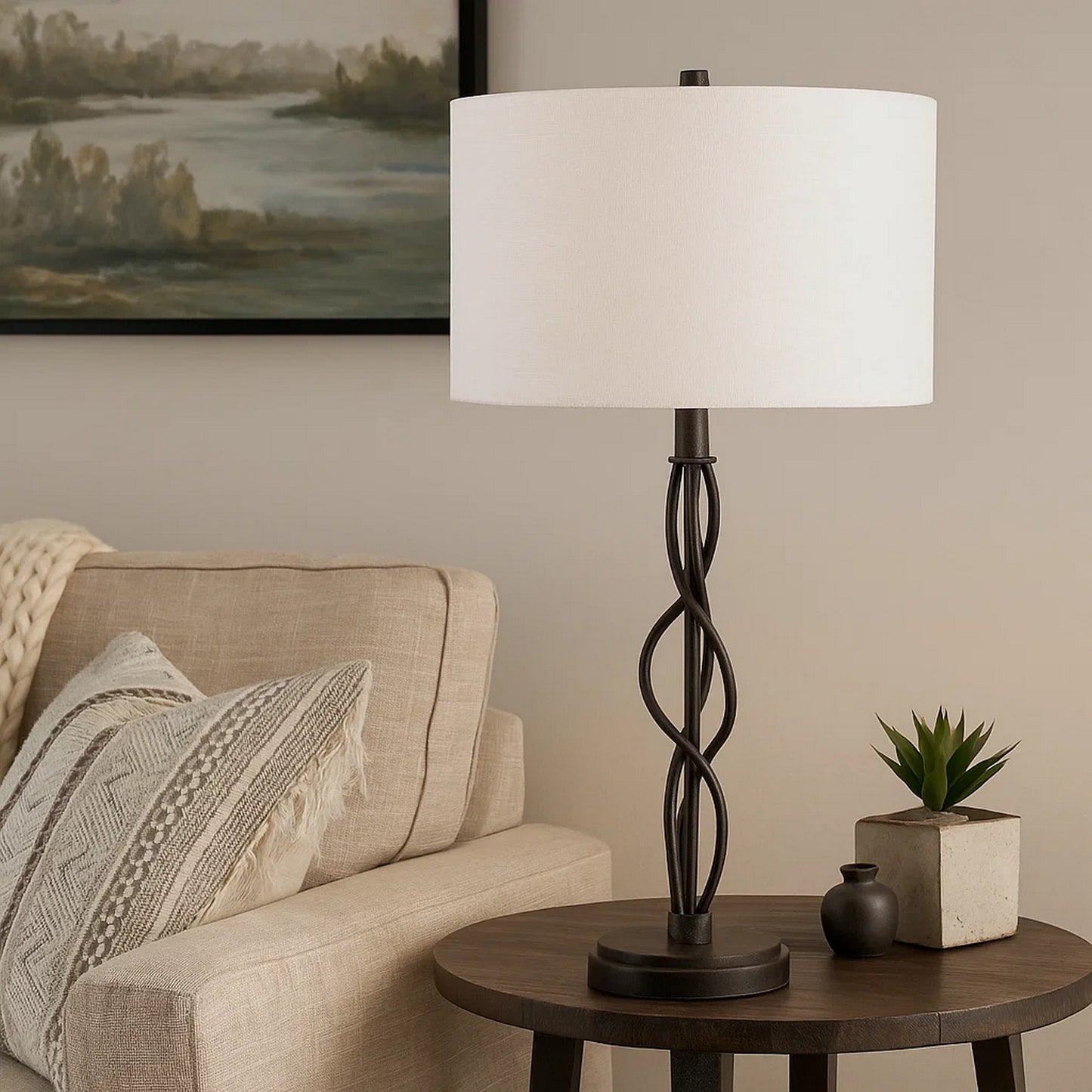 Table Lamp | Spiral Base | Fabric Shade | White & Textured Bronze