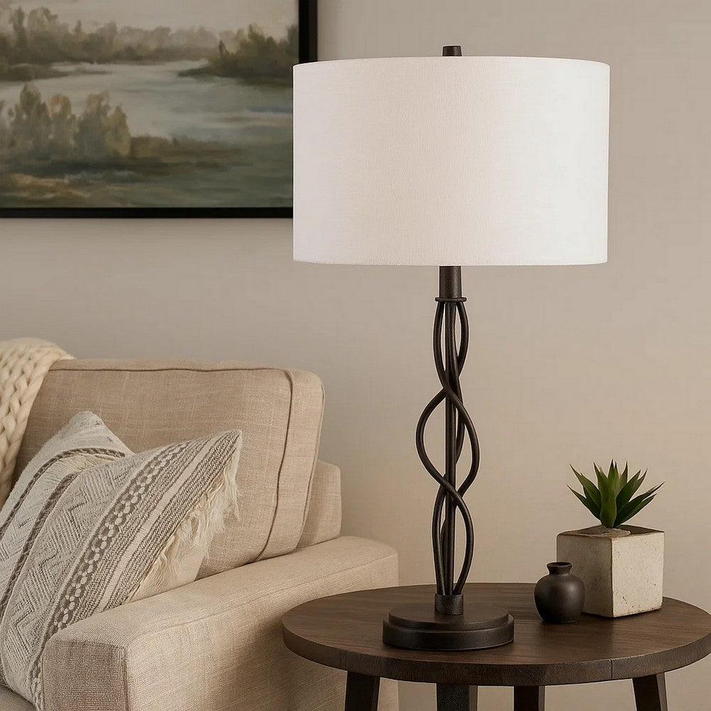 Table Lamp | Spiral Base | Fabric Shade | White & Textured Bronze