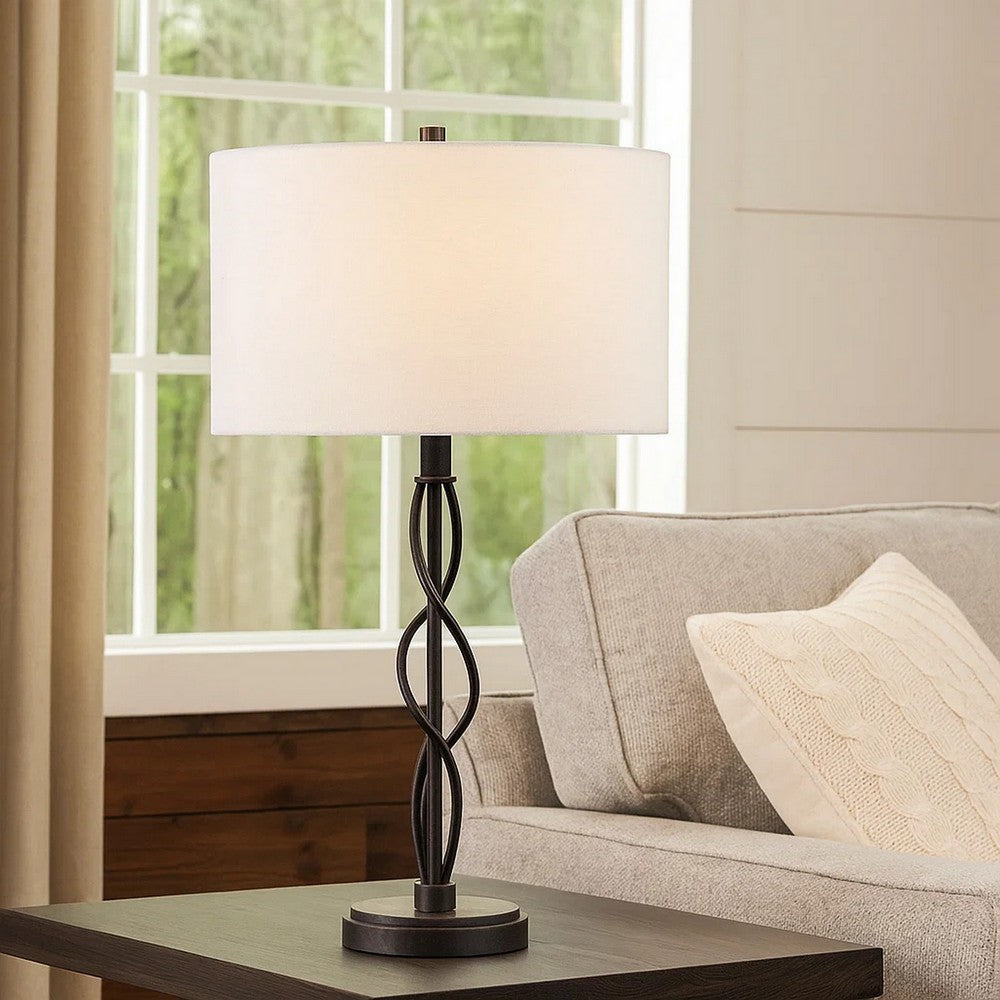 Table Lamp | Spiral Base | Fabric Shade | White & Textured Bronze