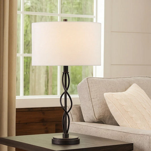 Table Lamp | Spiral Base | Fabric Shade | White & Textured Bronze