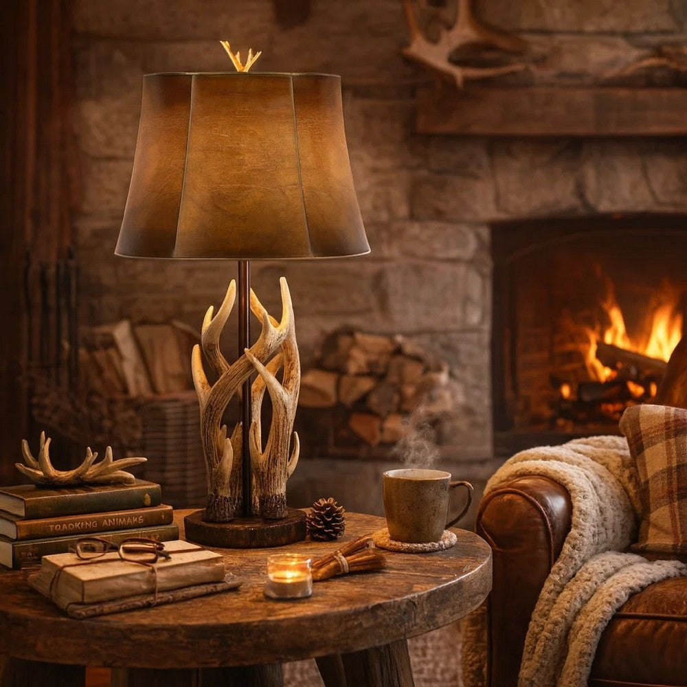 Table Lamp | 150W | Faux Leather Shade | Antler Base | Brown