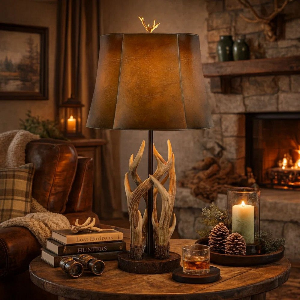 Table Lamp | 150W | Faux Leather Shade | Antler Base | Brown