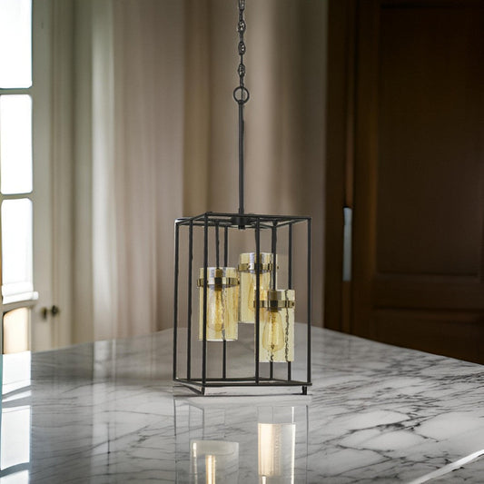 Rectangular Open Cage Design Pendant with Cylindrical Glass Shade, Black By Casagear Home