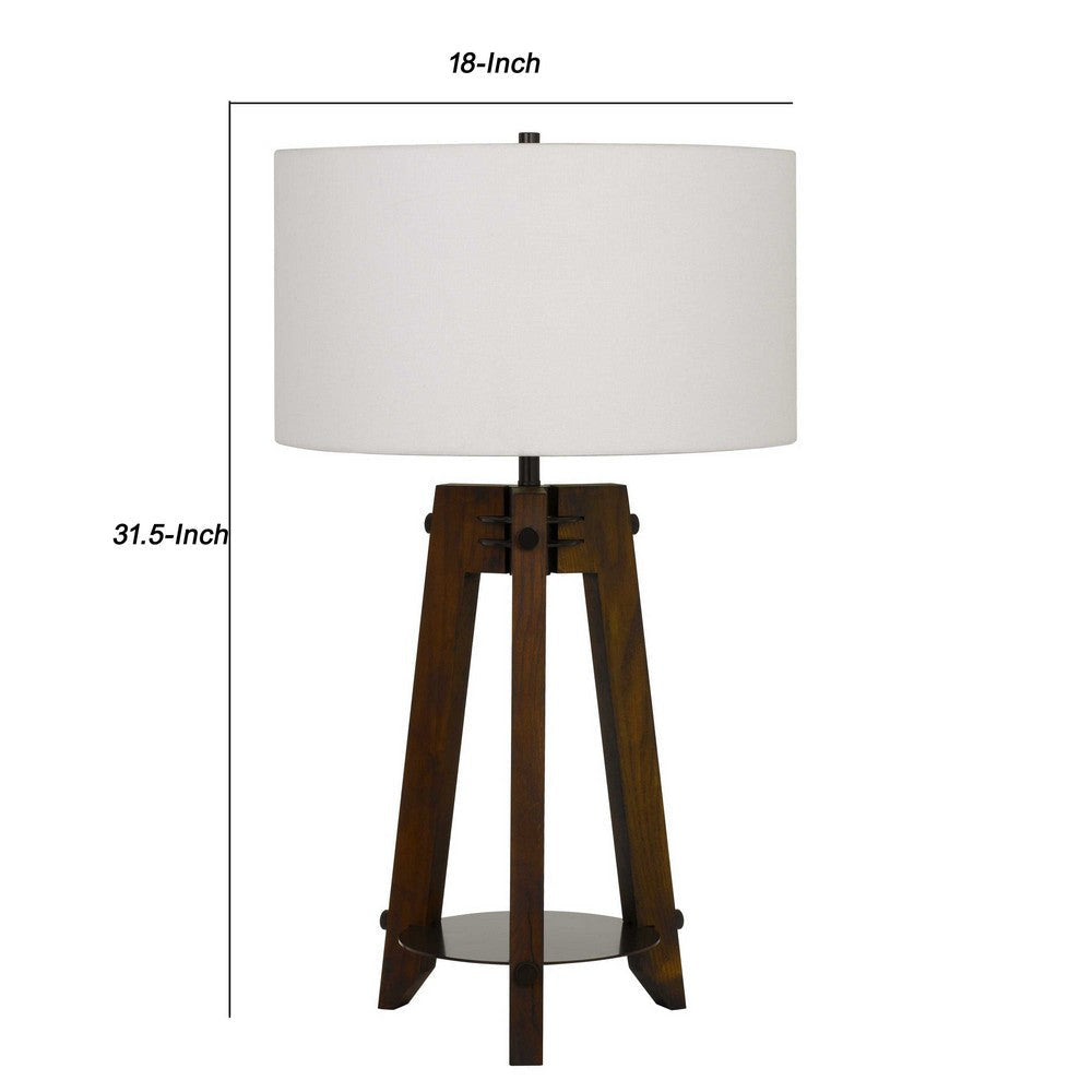 Drum Shade Table Lamp with Wooden Tripod Base, White and Brown By Casagear Home