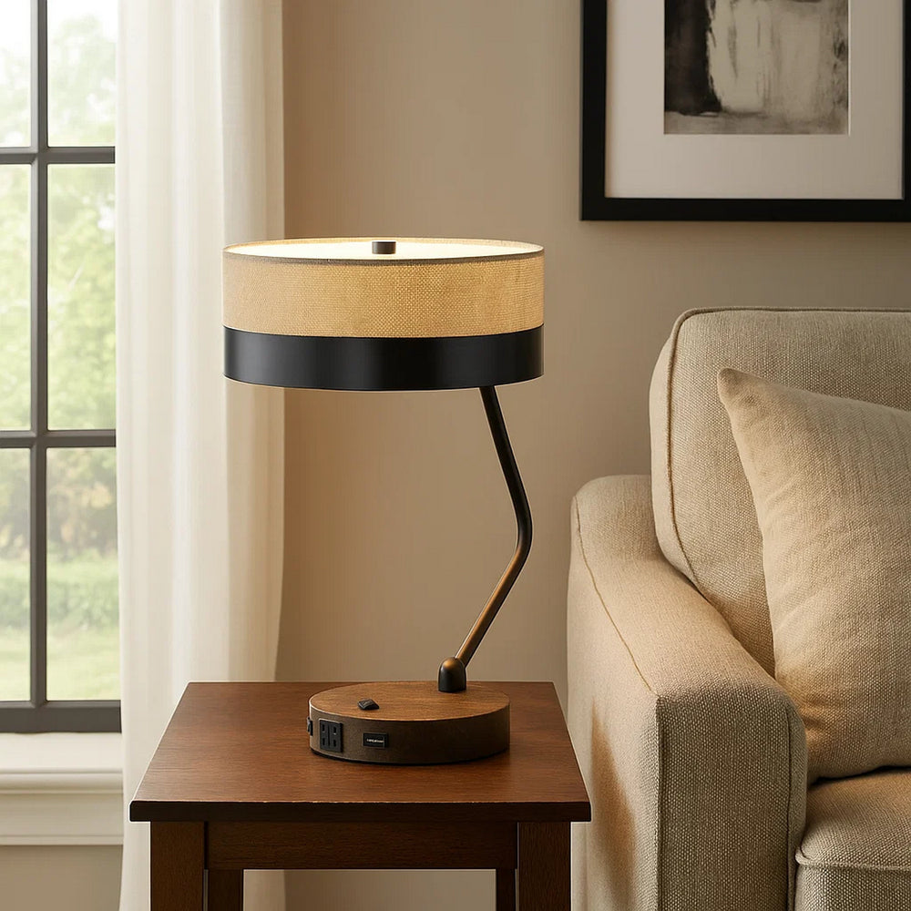 Desk Lamp | Fabric Shade | Metal & Wood Base | Beige & Black