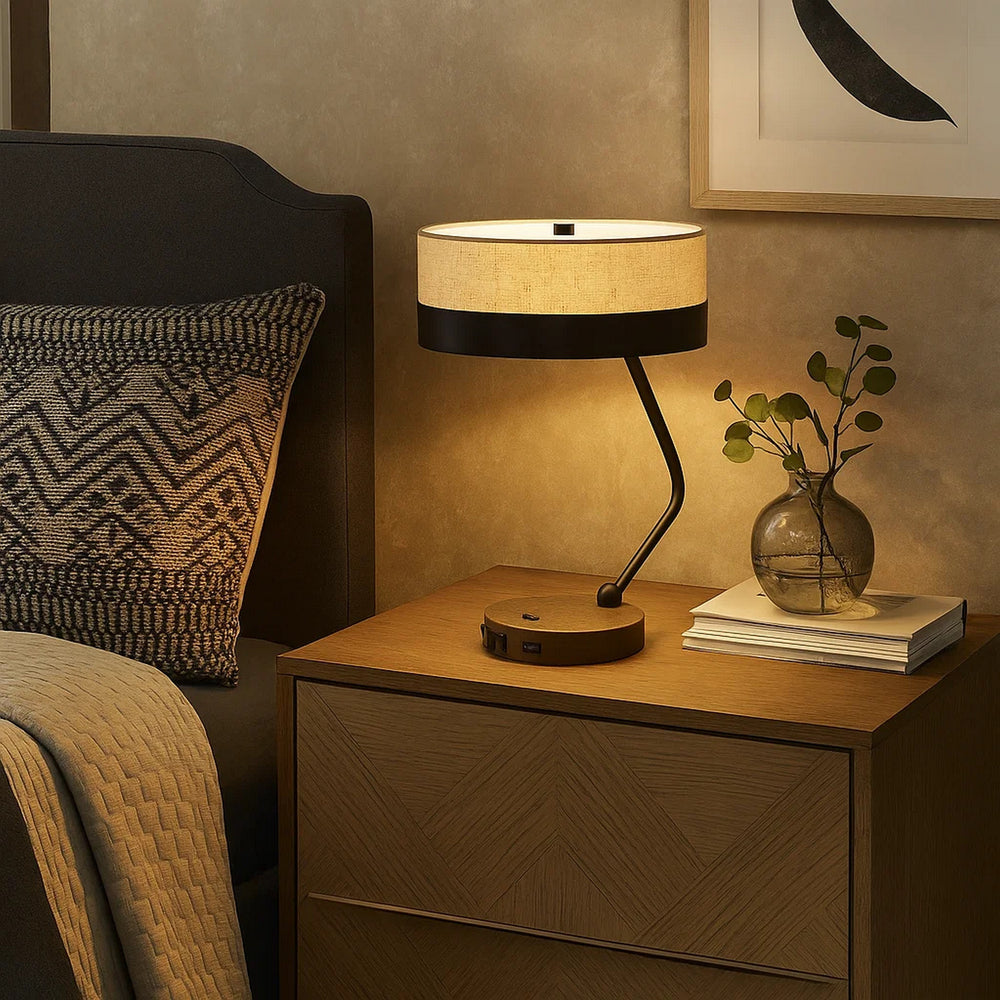 Desk Lamp | Fabric Shade | Metal & Wood Base | Beige & Black
