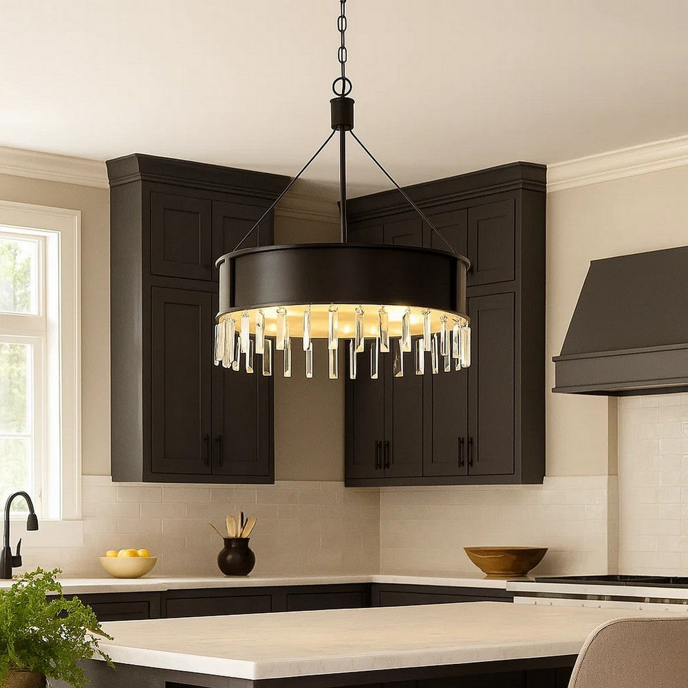 Chandelier | 4 Bulb | Metal Frame | Crystal Accents | Black