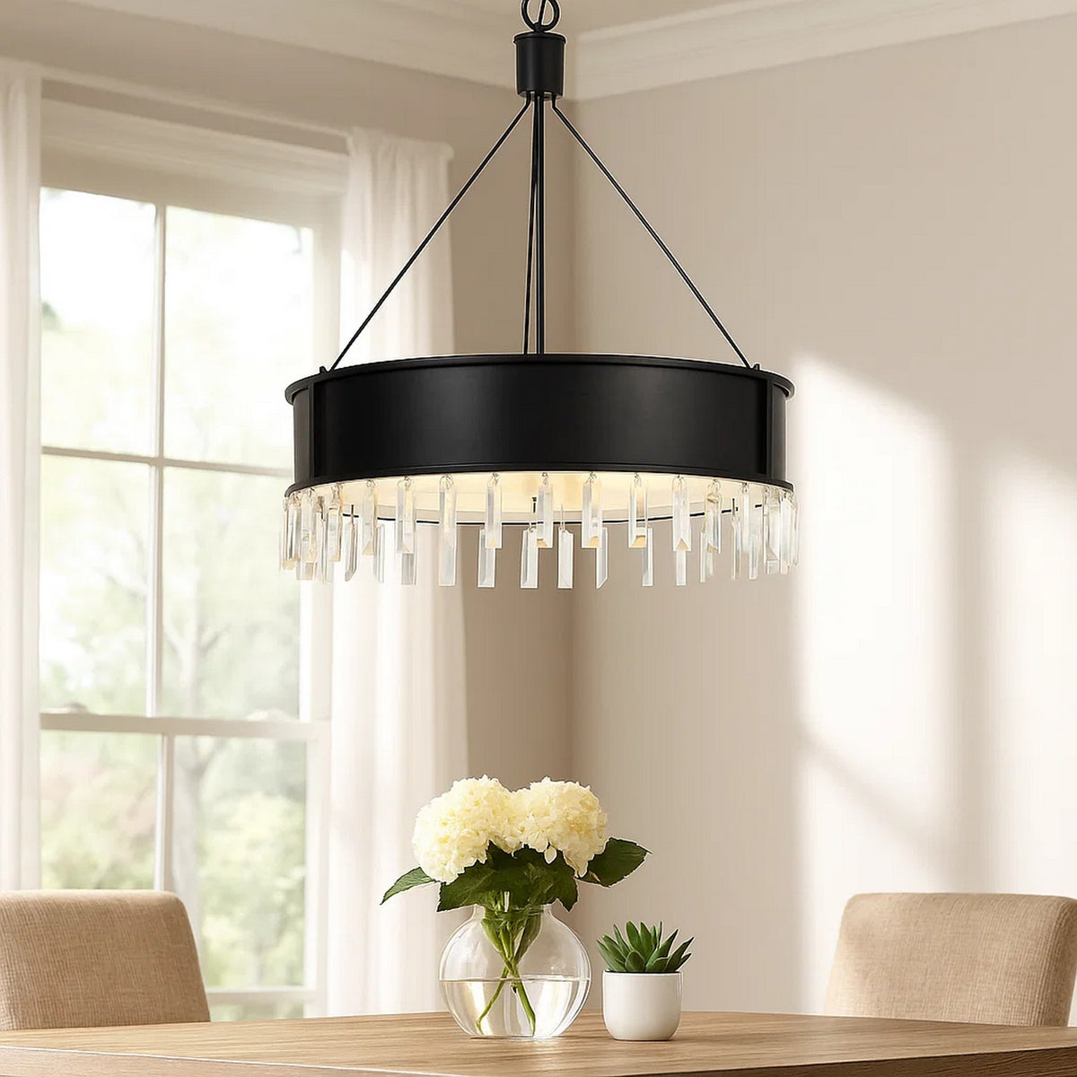 Chandelier | 4 Bulb | Metal Frame | Crystal Accents | Black