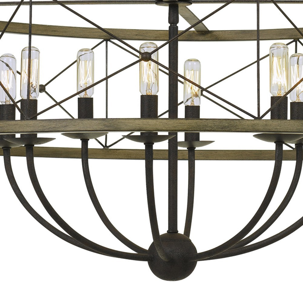 Round Wooden Frame Pendant Fixture with Metal Lattice Design Dark Bronze By Casagear Home BM224924