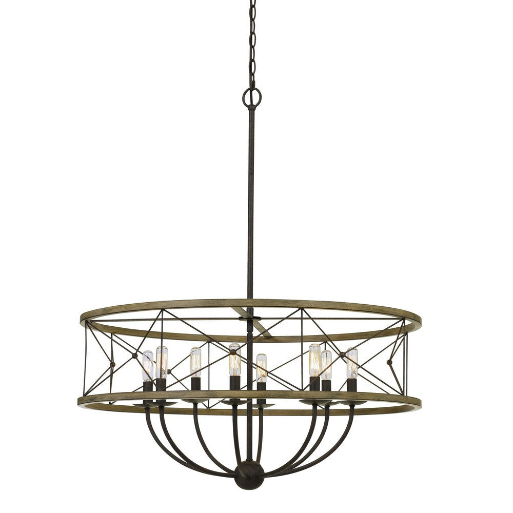 Round Wooden Frame Pendant Fixture with Metal Lattice Design, Dark Bronze By Casagear Home