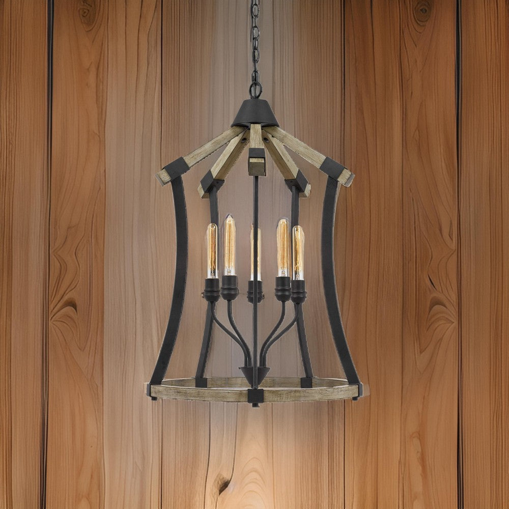Pendant Fixture | 5 Bulb | Wood & Metal Frame | Brown & Black