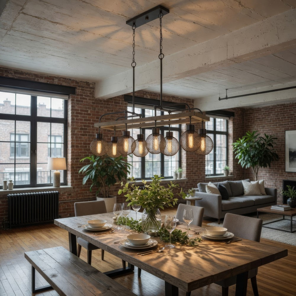 Chandelier | 8 Bulb | Wood Frame | Metal Orb Shades | Brown & Black