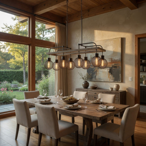 Chandelier | 8 Bulb | Wood Frame | Metal Orb Shades | Brown & Black