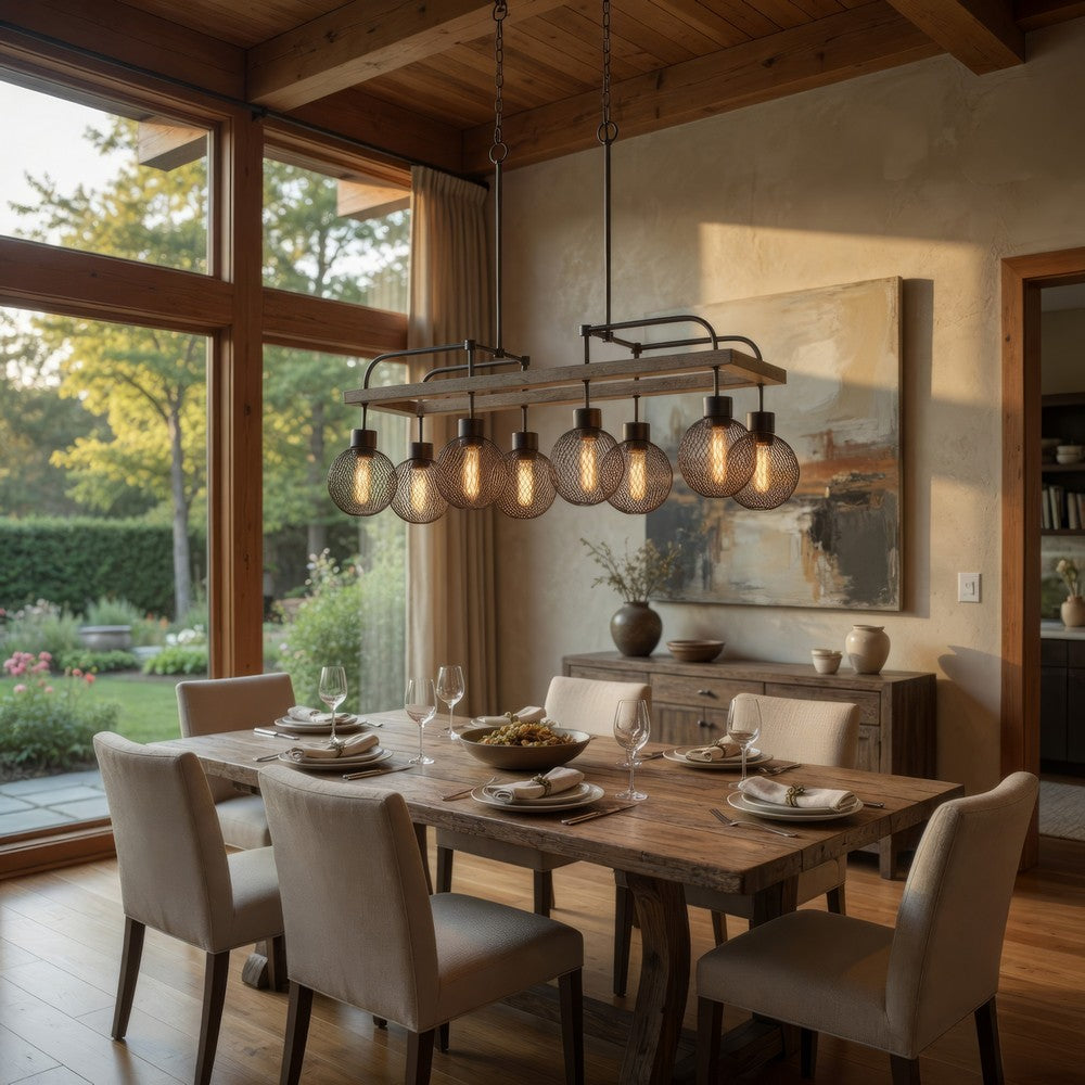 Chandelier | 8 Bulb | Wood Frame | Metal Orb Shades | Brown & Black