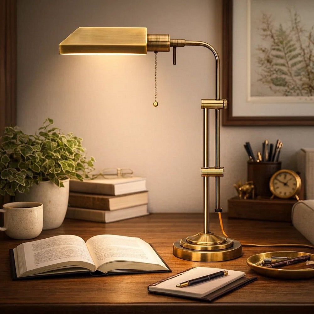 Desk Lamp | Rectangular Metal | Adjustable Pole | Gold