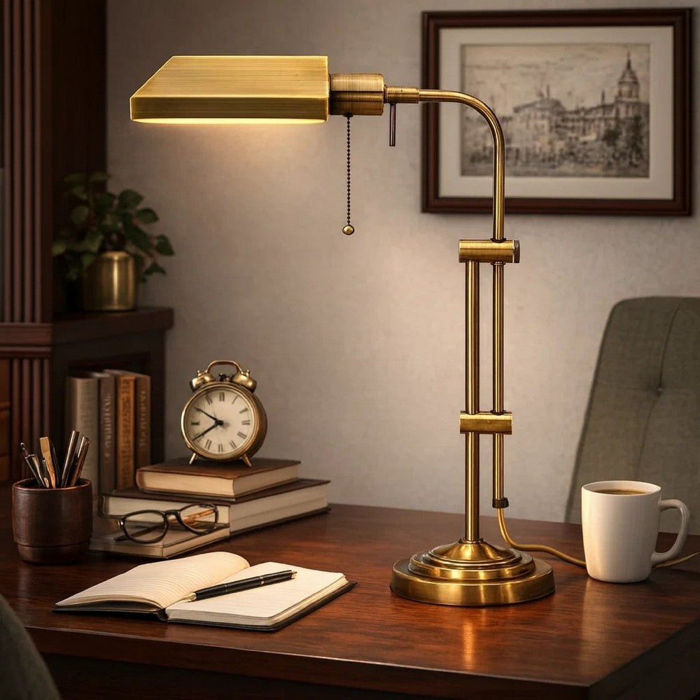 Desk Lamp | Rectangular Metal | Adjustable Pole | Gold