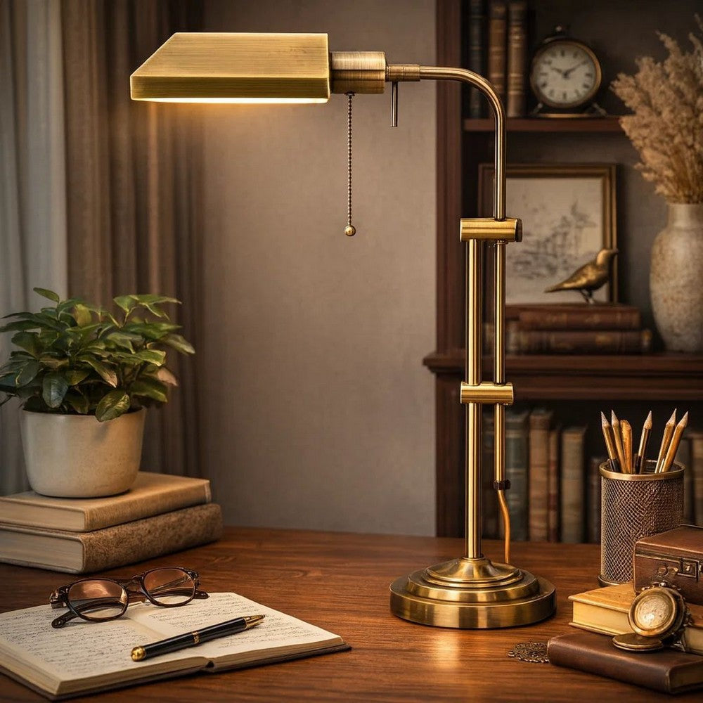 Desk Lamp | Rectangular Metal | Adjustable Pole | Gold