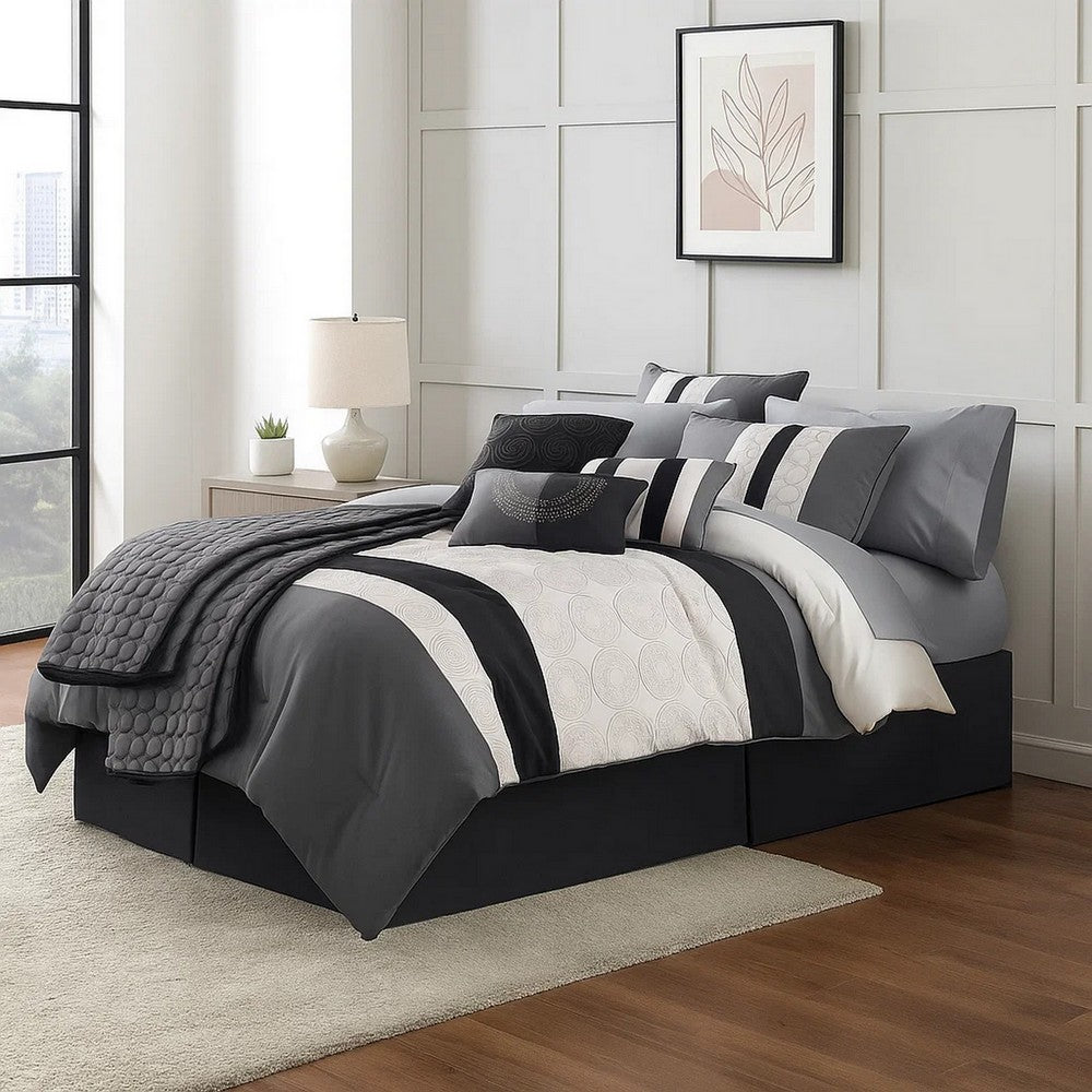 Comforter Set | 7 Piece Queen | Cotton | Geometric Print | Gray & Black