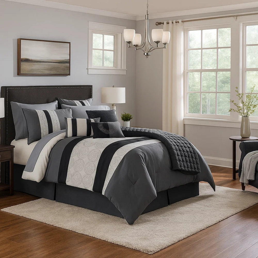 Comforter Set | 7 Piece Queen | Cotton | Geometric Print | Gray & Black