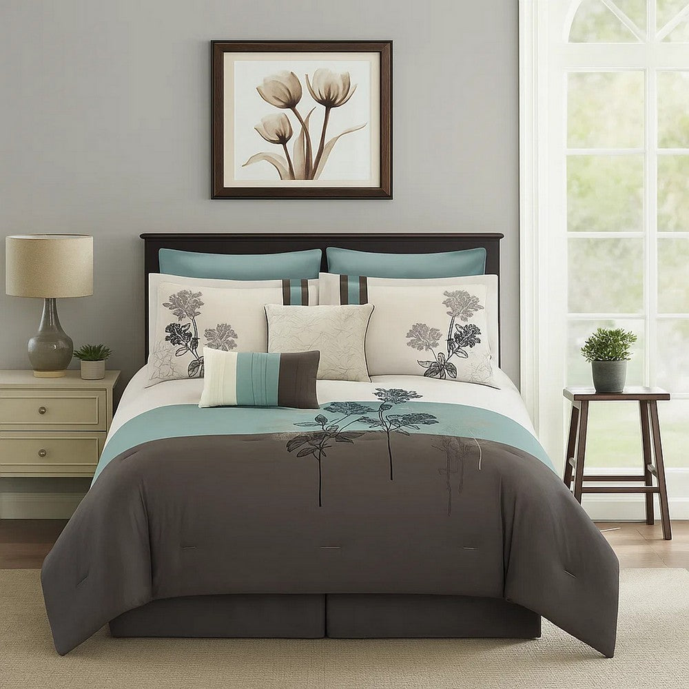 Comforter Set | 8 Piece Queen | Floral Embroidery | Multicolor