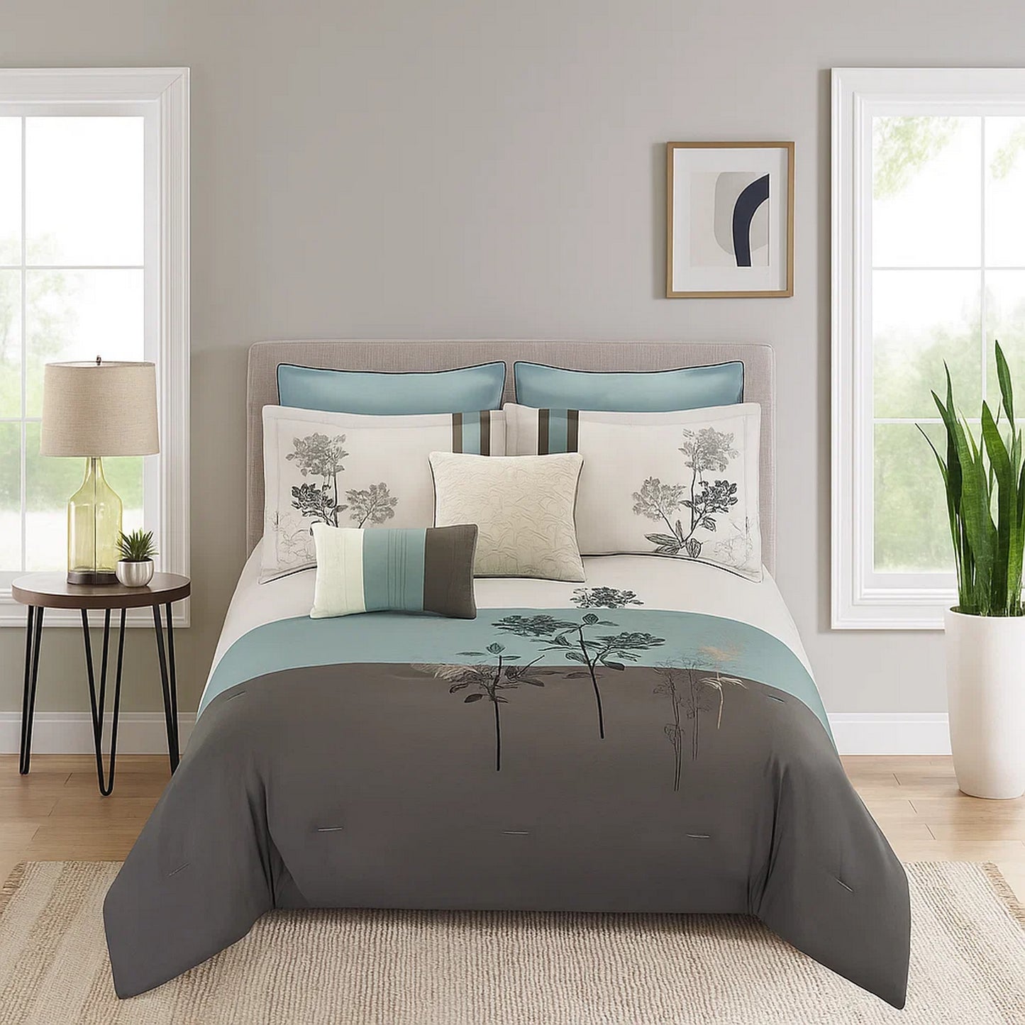 Comforter Set | 8 Piece Queen | Floral Embroidery | Multicolor