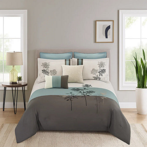 Comforter Set | 8 Piece Queen | Floral Embroidery | Multicolor