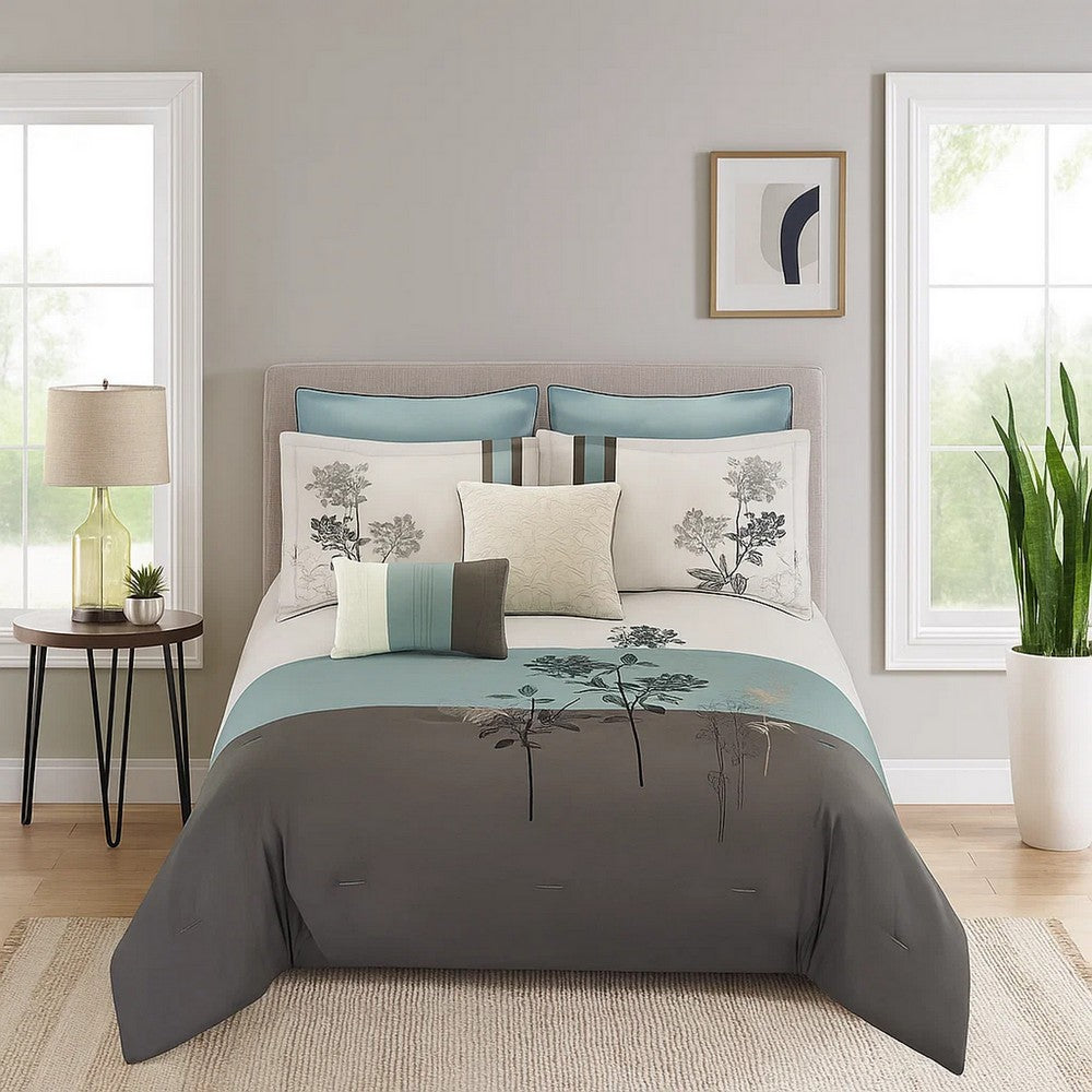 Comforter Set | 8 Piece Queen | Floral Embroidery | Multicolor