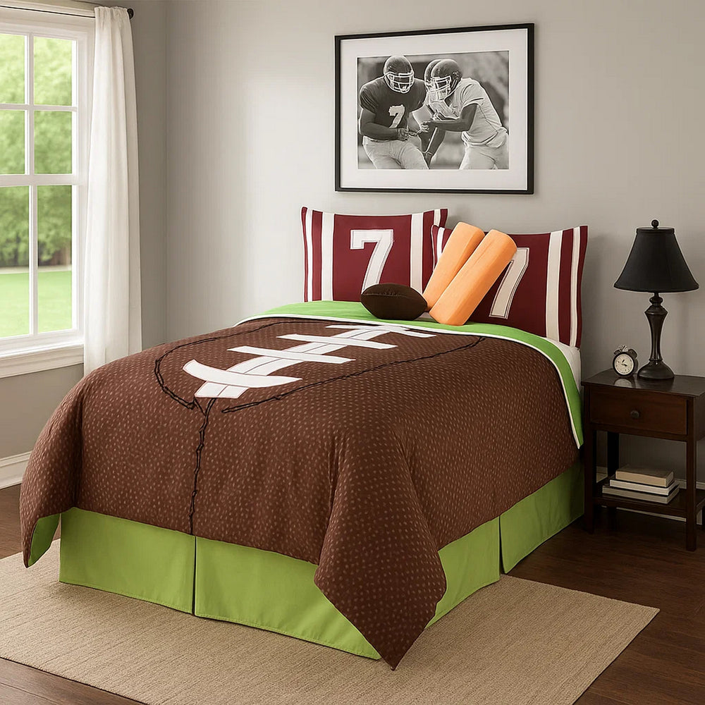 Comforter Set | 5 Piece Twin | Football Print | Brown & Green