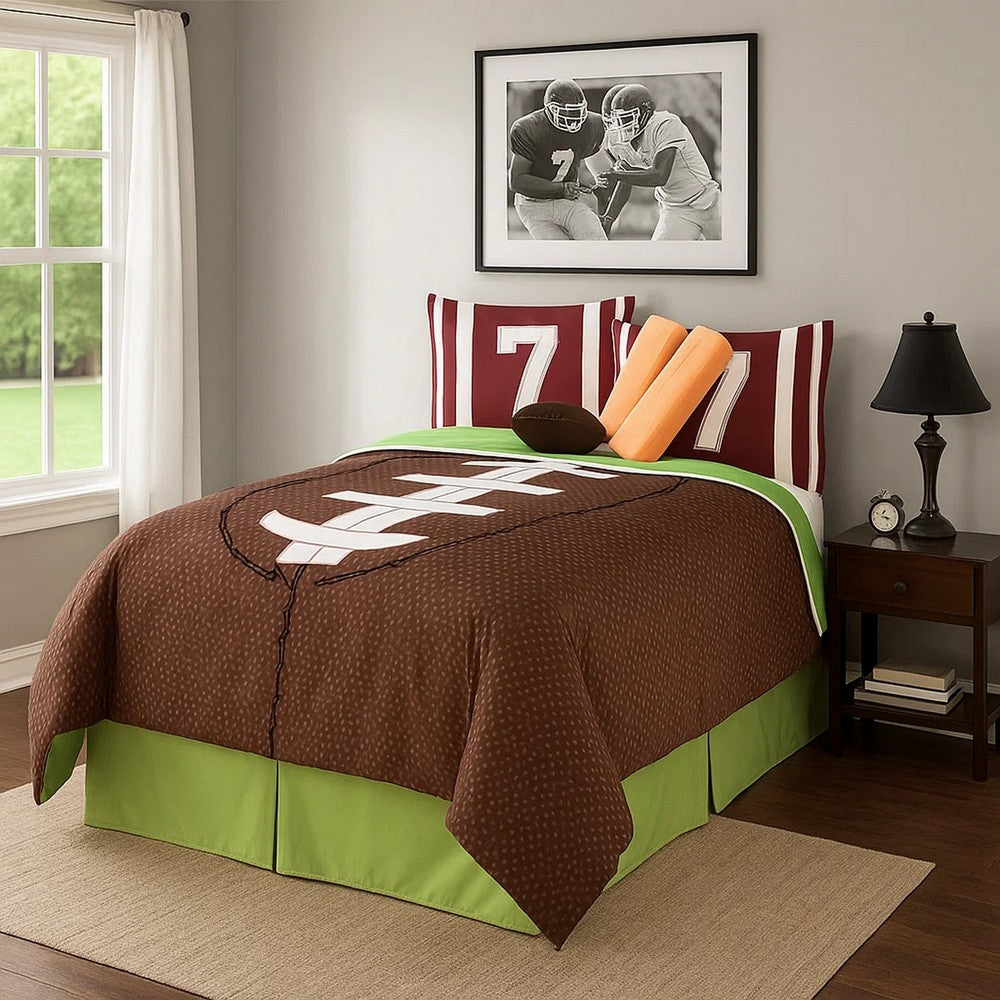 Comforter Set | 5 Piece Twin | Football Print | Brown & Green