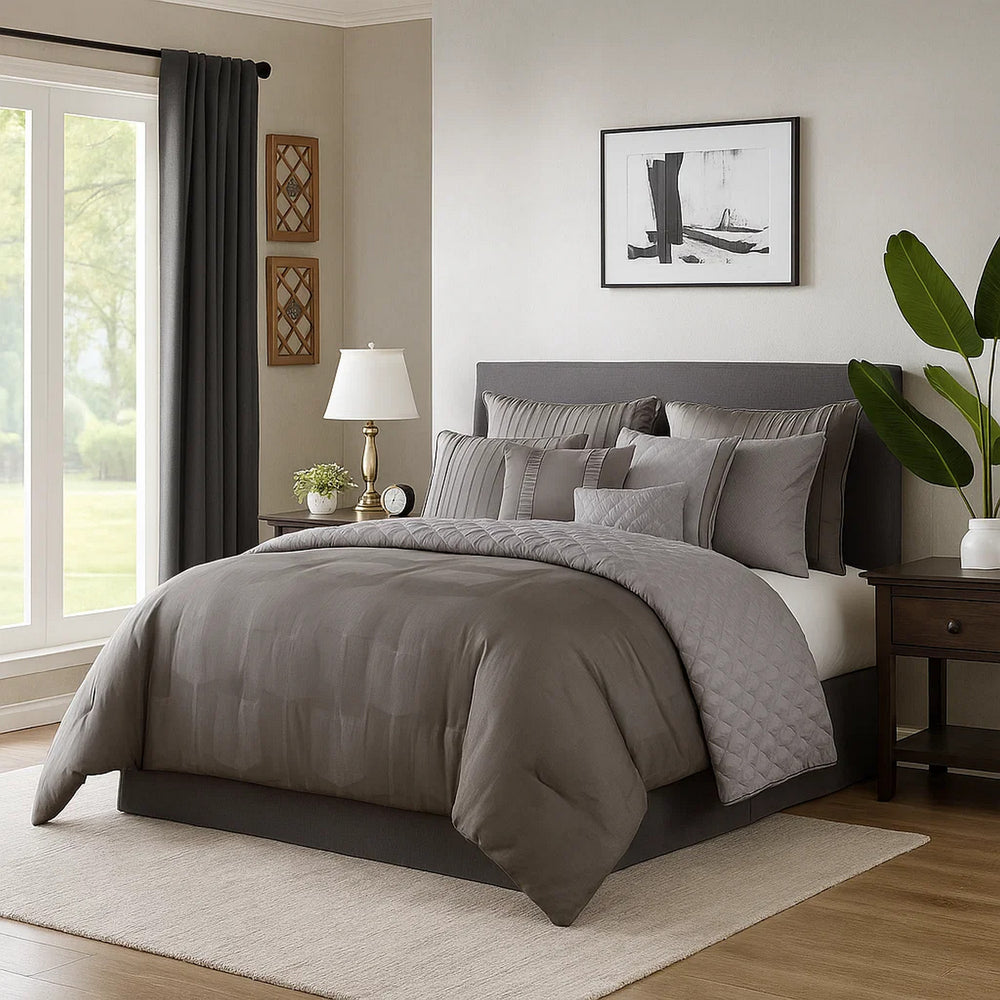 Comforter Set | 10 Piece King | Geometric Print | Gray