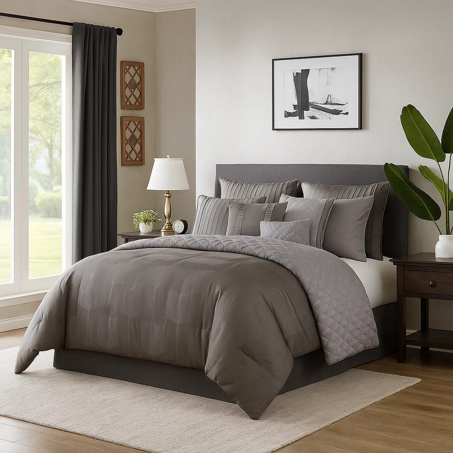 Comforter Set | 10 Piece King | Geometric Print | Gray