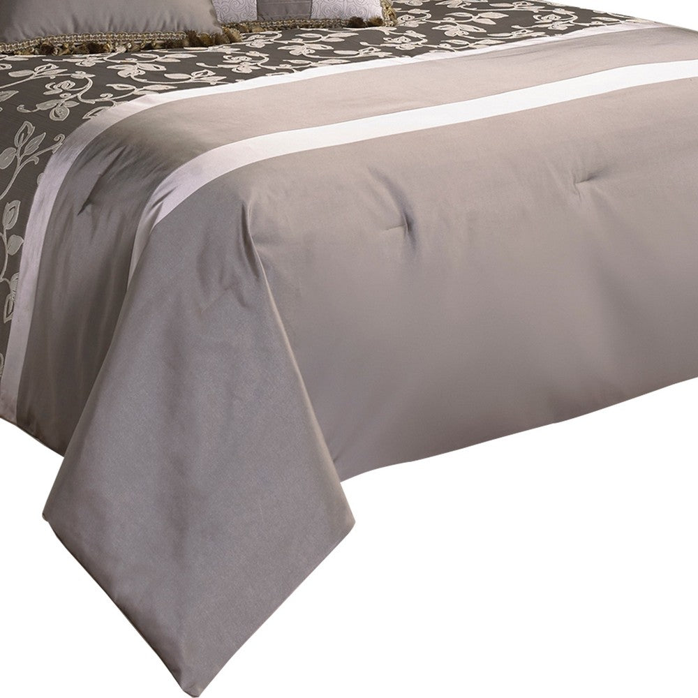 10 Piece King Polyester Comforter Set with Leaf Print, Platinum Gray By Casagear Home
