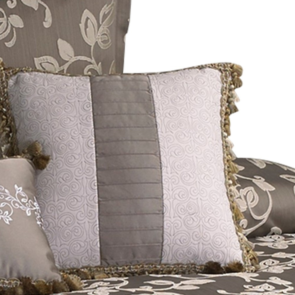 10 Piece King Polyester Comforter Set with Leaf Print Platinum Gray By Casagear Home BM225167