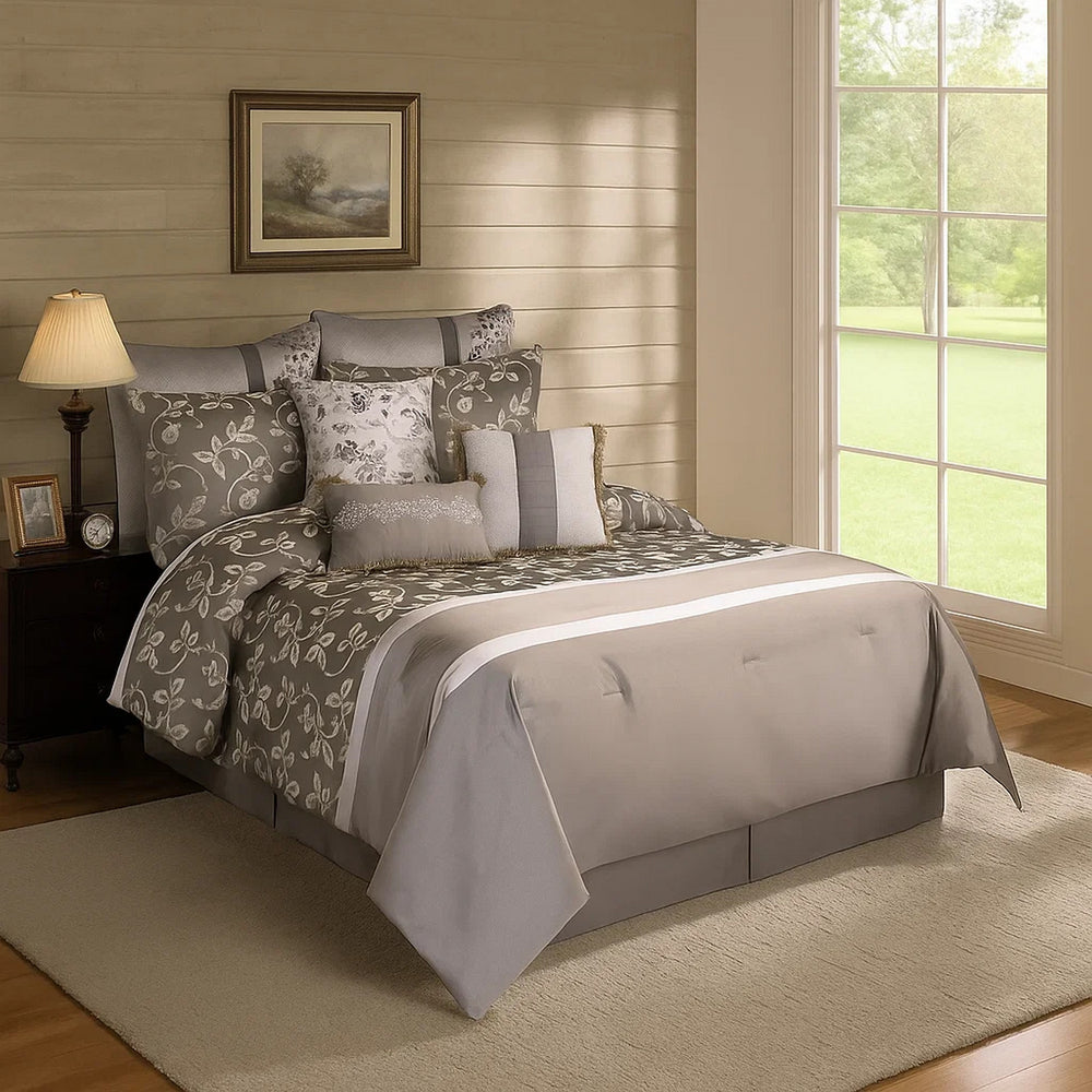 Comforter Set | 10 Piece King | Leaf Print | Platinum Gray