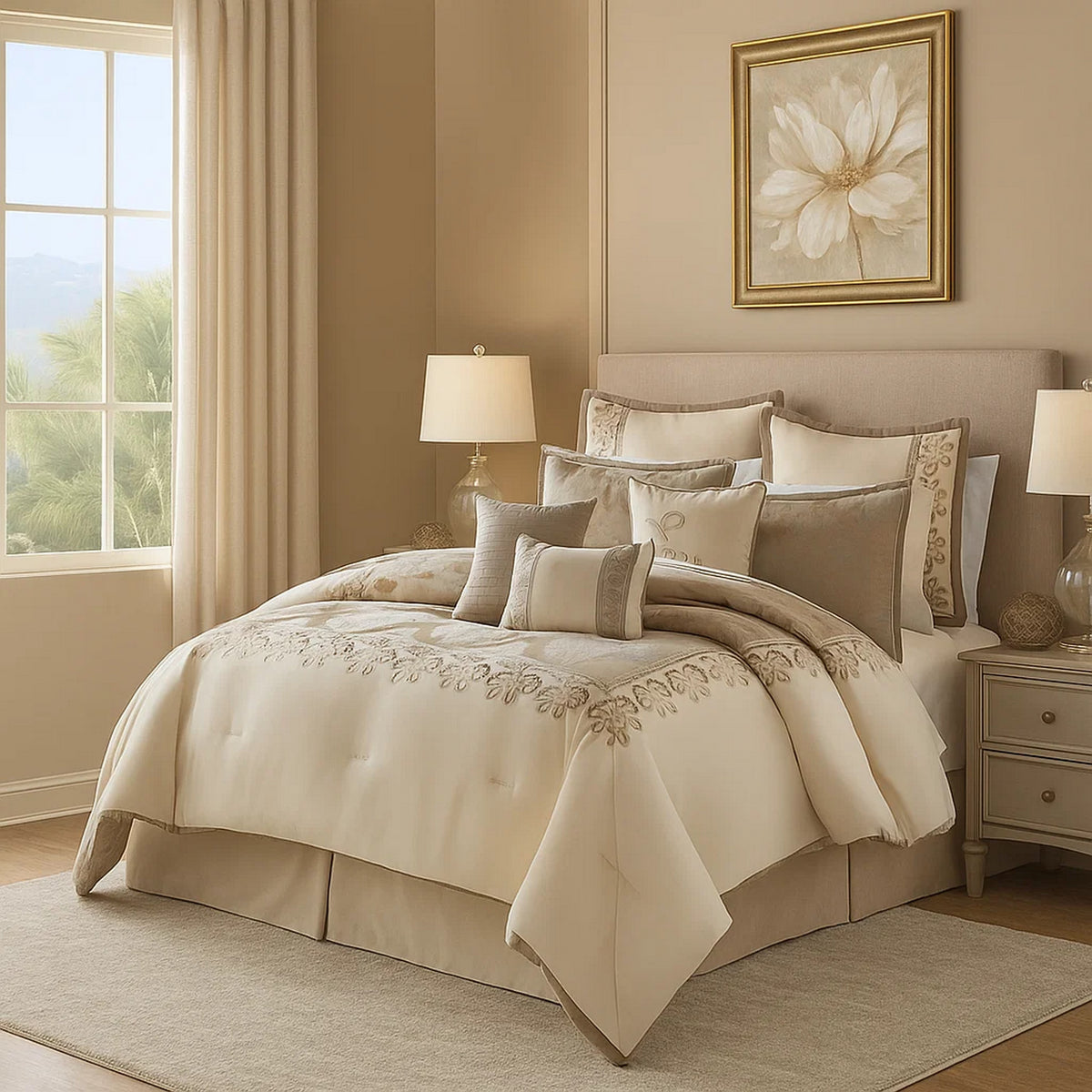 Comforter Set | 10 Piece King | Damask Print | Cream & Gold