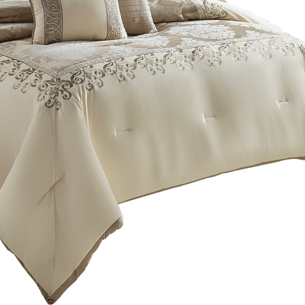 9 Piece Queen Polyester Comforter Set with Damask Print, Cream and Gold By Casagear Home