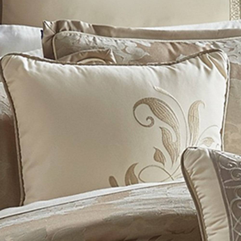 9 Piece Queen Polyester Comforter Set with Damask Print, Cream and Gold By Casagear Home