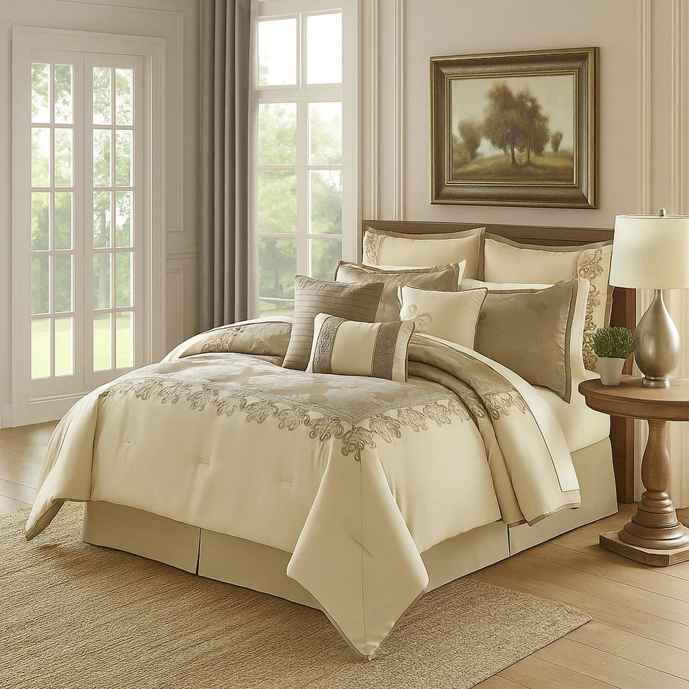 Comforter Set | 9 Piece Queen | Damask Print | Cream & Gold