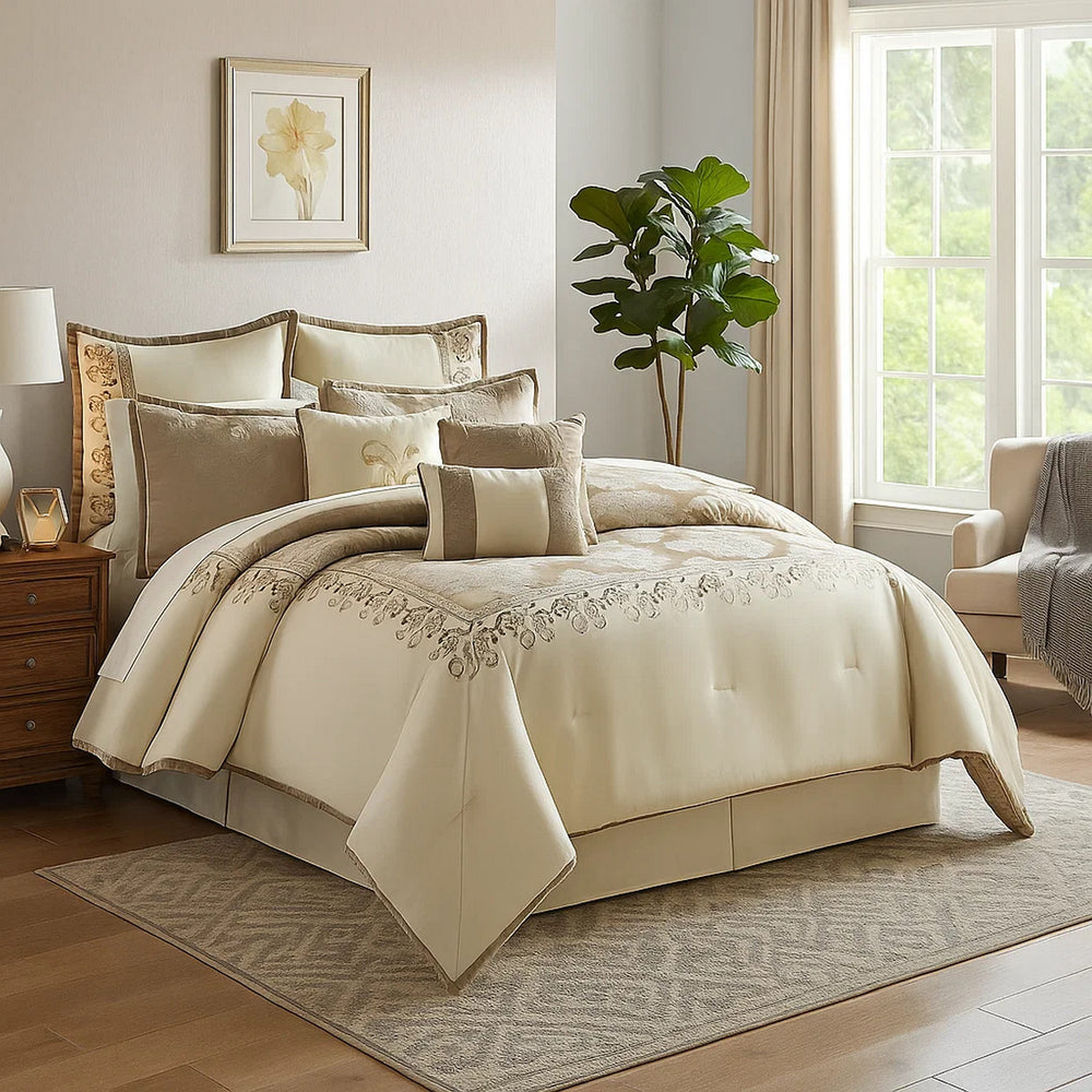 Comforter Set | 9 Piece Queen | Damask Print | Cream & Gold
