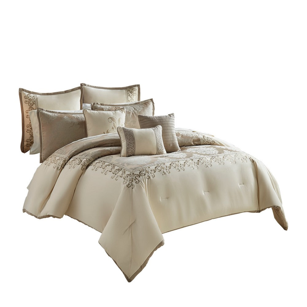 9 Piece Queen Polyester Comforter Set with Damask Print, Cream and Gold By Casagear Home